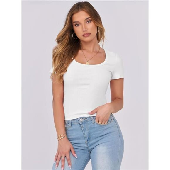 ANRABESS Ribbed Scoop Neck Short Sleeve Slim Fit Tee Womens Summer Top - Picture 2 of 7